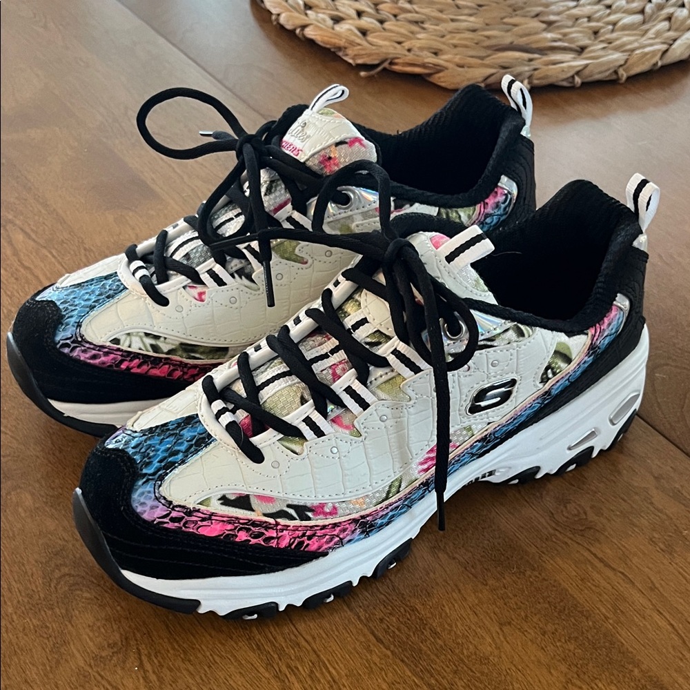 NWOT Skechers D’Lites Black and White Sneakers with Pink and Blue Accents 8